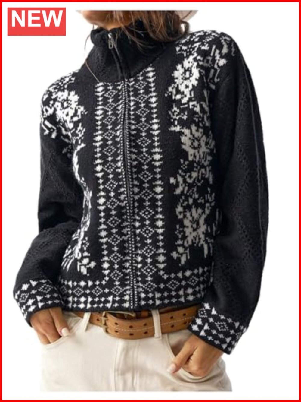 Women's Floral Embroidered Boho Zip Up Cardigan Sweater Mock Neck Long Sleeve